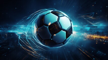 dynamic soccer ball on futuristic blue background - sports and technology concept