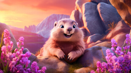 A cute, fluffy marmot crawled out of his hole on a sunny, spring day, among pink beautiful flowers.