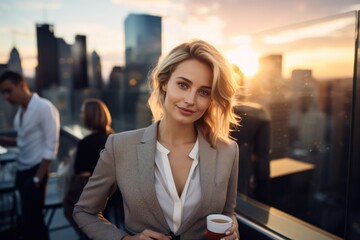 Portrait of business woman executive director in skyscraper financial district during sunset hour, on rooftop having a coffee