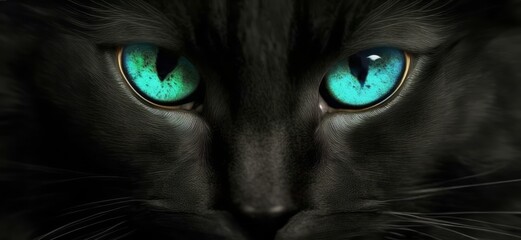 Close-up of a black cat with green eyes
