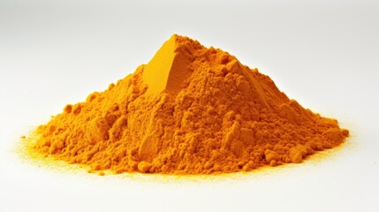 Vibrant golden turmeric powder neatly piled on a clean white surface. High-detail, sharply defined image with even lighting and minimal shadows. Represents the aromatic, natural, and health benefits 