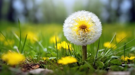 A close-up photo of a single dandelion in full bloom, showcasing its delicate white petals and...