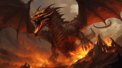 A Large intimidating dragon with fiery red scales