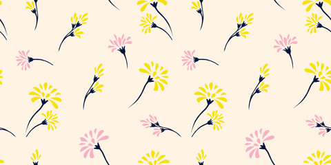 Seamless pattern with vector hand drawn minimalist, abstract, simple flower. Cute gently light background. Template for design, fashion, textile, fabric, wallpaper, surface design.