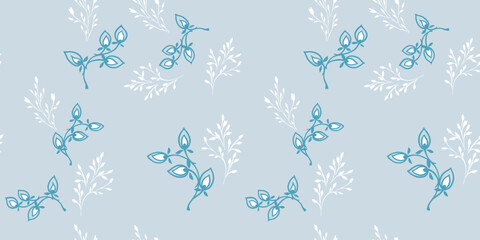 Gentle, abstract seamless pattern with vector hand drawn simple branches. Blue monochrome pastel print. Template for design, interior decor, textile, fabric, wallpaper, surface design, fashion