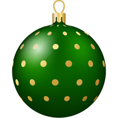 Christmas and New Year decor. Green and gold dots ornament ball. 3d realistic png illustration.