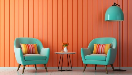 A Cozy Corner for Conversations: Two Green Chairs and a Table in a Serene Setting Against a Orange Panelled Wall. A couple of chairs sitting next to a round coffee table