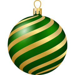 Christmas and New Year decor. Green and gold stripes ornament ball. 3d realistic png illustration.