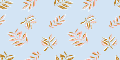 Seamless abstract, tropical tiny stem leaves scattered randomly on a light blue background. Vector hand drawn sketch leaf branches. Template for textile, fashion, print, surface design, fabric