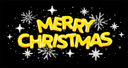 Vector christmas illustration of word merry christmas on black color background with beautiful snowflake. 3d style winter holiday design of decorative letter