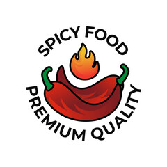 Chili pepper in fire vector illustration. Hot and spicy food symbol. Circle shape emblem, label, logo design template on white background