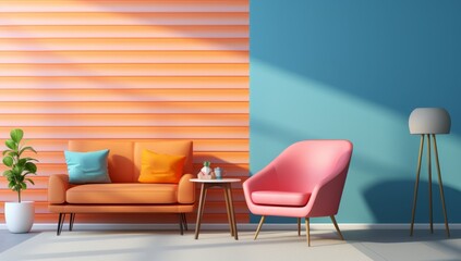 A Cozy Colourful Living Room with Stylish Furniture and Comfortable Seating. A living room with a chair and a couch