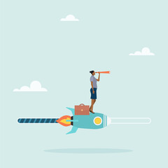 Process, Progress, Loading speed. Effort to complete a job or achieve business success, achievement. A girl rides a rocket looking forward. Vector illustration.
