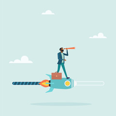 Process, Progress, Loading speed. Effort to complete a job or achieve business success, achievement. The guy rides a rocket looking forward. Vector illustration.
