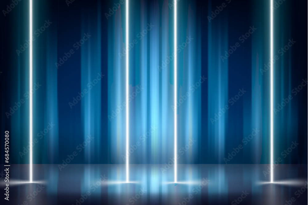 Poster abstract blue studio with neon. design product template. 3d vector mockup