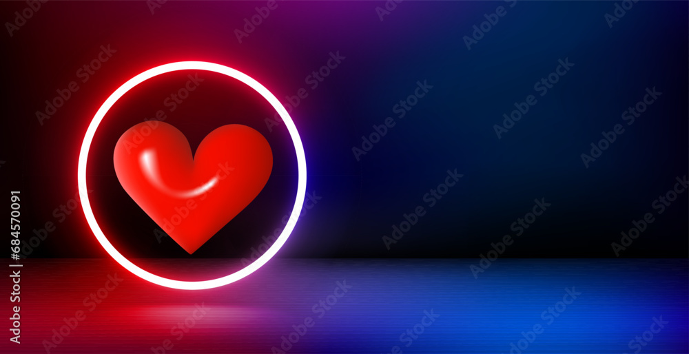 Poster product showcase and shining neon frame with heart sign. 3d vector banner with copy space