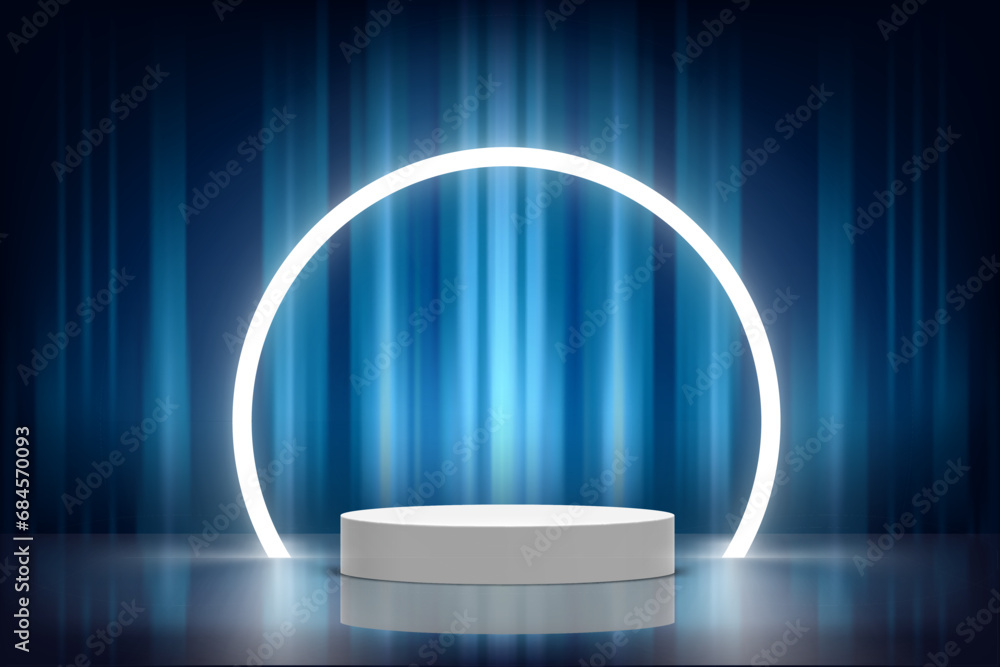 Poster blue studio with podium and neon arc. design product template. 3d vector mockup