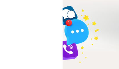 Social media icons with white board. 3d vector illustration with copy space