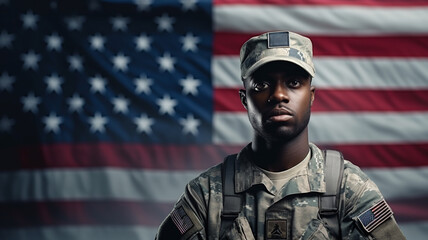 American man soldier in military uniform on background of usa flag. Patriot Day.