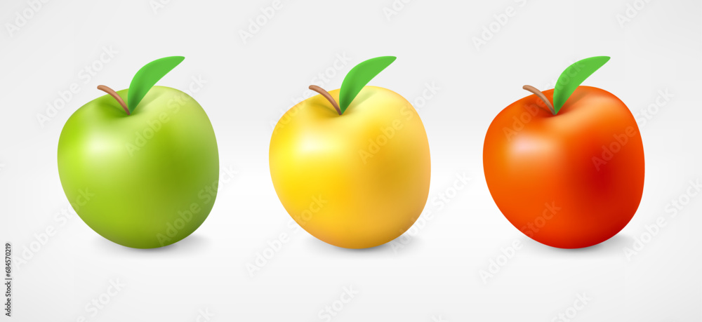 Poster fresh color apples isolated on white background. 3d vector illustration