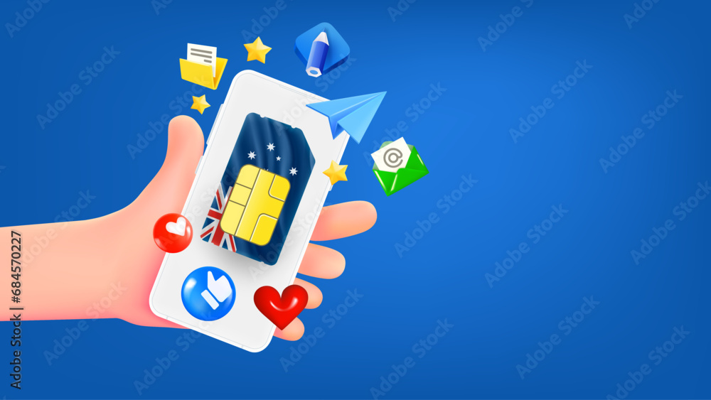 Poster Man holding smartphone with Australian mobile operator SIM card and app icons. Safety concept. 3d banner with copy space