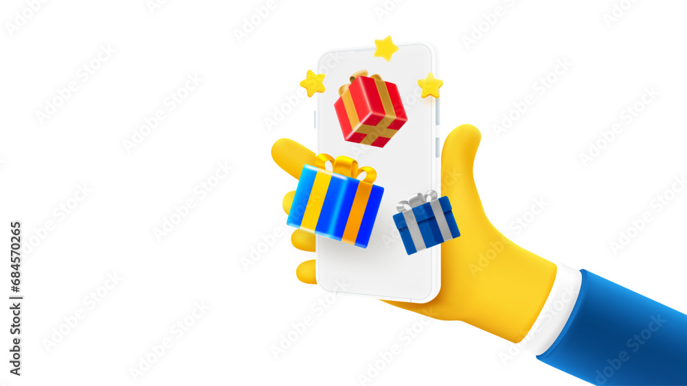 Poster Man holding smartphone with gift boxes on the screen. 3d vector banner with copy space
