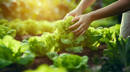 woman hand picking green lettuce in vegetable garden. - obrazy, fototapety, plakaty