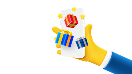 Man holding smartphone with gift boxes on the screen. 3d vector banner with copy space