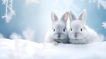 Winter background bunnies frame art with space for text, background image, AI generated