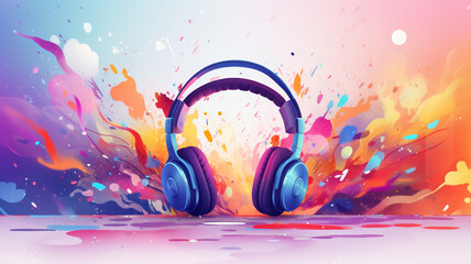 World music day banner with headset headphones  on abstract colorful - obrazy, fototapety, plakaty