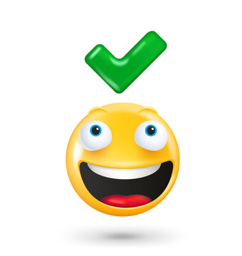 Yellow Cute Emoji Face With Green Checkmark. Approved Concept. 3d Vector Illustration 