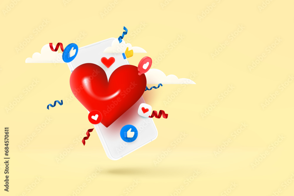 Poster smartphone with social media mobile icons. 3d vector banner with copy space