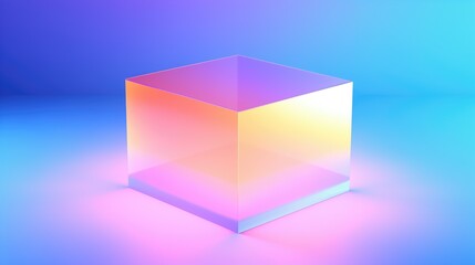 Vibrant blue and gentle pale green color gradient background. Hyper-realistic image with sharp focus and detailed transition. Transparent cube, futuristic