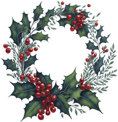 Holly leaves and berry. Christmas wreath watercolour illustration.