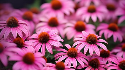Fototapeta premium Group of Echinacea flowers in a natural setting. Blooming flowers with vivid colors. Sharp-focus image with depth and dimension. Various stages of blooming, pinks, purples, and whites 