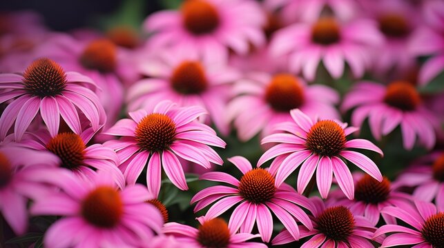 Group of Echinacea flowers in a natural setting. Blooming flowers with vivid colors. Sharp-focus image with depth and dimension. Various stages of blooming, pinks, purples, and whites 
