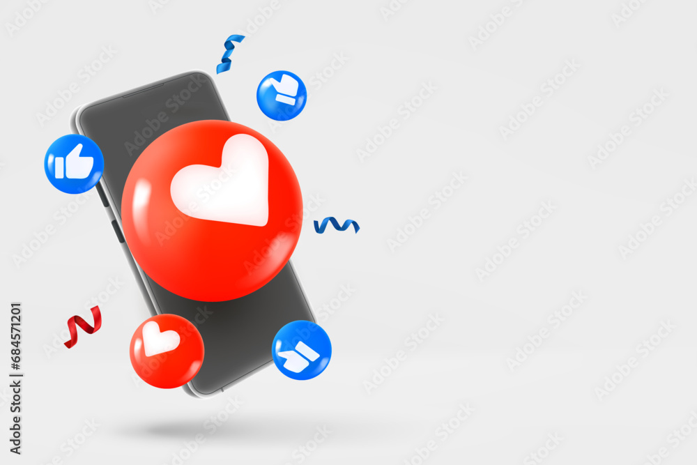 Poster modern smartphone with social media icons. 3d vector banner with copy space