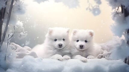 Fototapeta premium Winter background puppies frame art with space for text, background image, AI generated