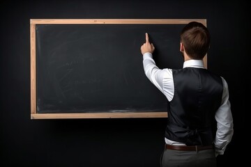 Teacher or tutor stands facing the empty board, writing on it in classroom at a school, university, or course. Engaged in educational instruction in a learning environment.