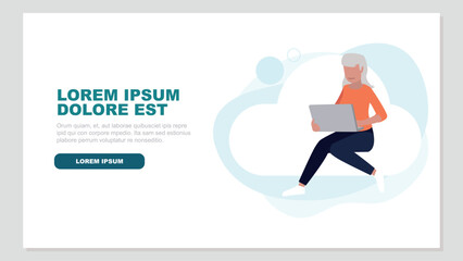 Relaxed woman sitting on a cloud doing secure log in - cloud cincept