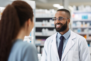 Smiling portrait of a handsome pharmacist in a pharmacy talking to a colleague or intern