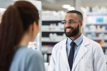 Tuinposter Smiling portrait of a handsome pharmacist in a pharmacy talking to a colleague or intern © olga