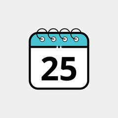 Calendar flat icon for websites, blogs and graphic resources. Calendar vector illustration with specific day marked, day 25.
