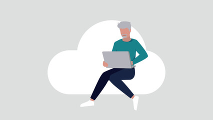Relaxed woman sitting on a cloud doing secure log in - cloud cincept