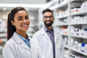 Smiling portrait of a handsome pharmacist in a pharmacy talking to a colleague or intern
