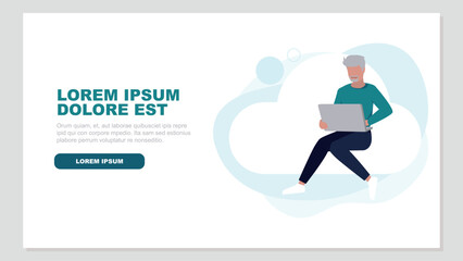 Relaxed woman sitting on a cloud doing secure log in - cloud cincept