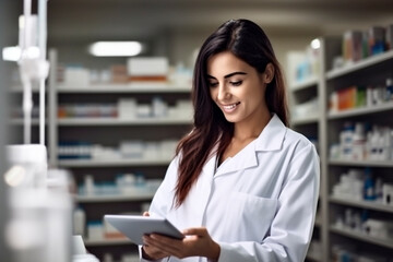  Beautiful  Pharmacist Uses Digital Tablet Computer, Checks Inventory of Medicine, Drugs, Vitamins, Health Care Products on a Shelf. The pharmacist selects medicines according to the client's prescrip - obrazy, fototapety, plakaty