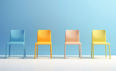Blue and yellow chairs as conceptual ideas against various pastel backgrounds