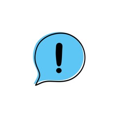 Black danger warning attention sign or exclamation symbol in light blue speech bubble icon illustration on white background. Icon illustration.