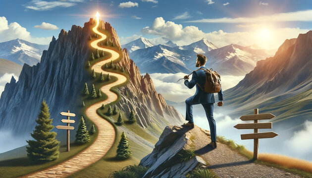Emprendedor visionario ascendiendo camino sinuoso en montañas majestuosas, buscando éxito, desafío, oportunidad, y logro en paisaje inspirador al amanecer.
